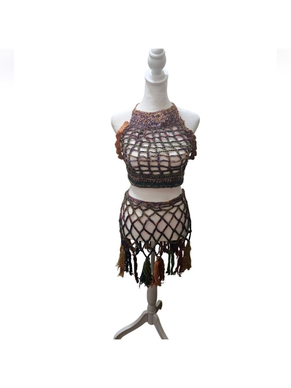 Handmade Crochet Swim Cover-up Fishnet Design Multicolor Rainbow Halter Crop-Top - Picture 4 of 17